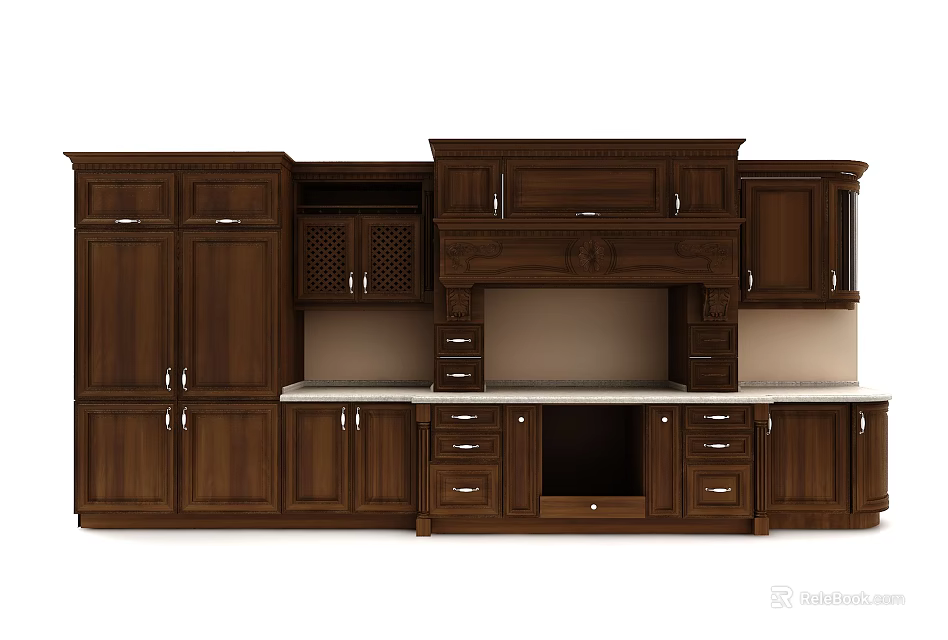 Traditional Dark Brown Solid Wood Kitchen Cabinets With Multiple Drawers And Countertop 3d model 
