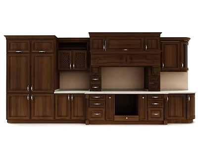 Traditional Dark Brown Solid Wood Kitchen Cabinets With Multiple Drawers And Countertop 3d model