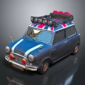 Vintage Blue Car With Roof Rack Red Luggage White Stripes And Round Headlights