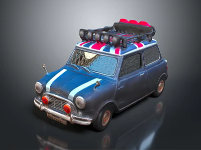 Vintage Blue Car With Roof Rack Red Luggage White Stripes And Round Headlights 3d model