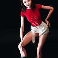 Woman in Red Ripped Top and White Skirt with Gold Ring Belt on Black Background