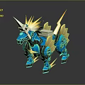 Game Movie Character Blue Mechanical Unicorn With Gold Accents Glowing Horn And Lightning Effects