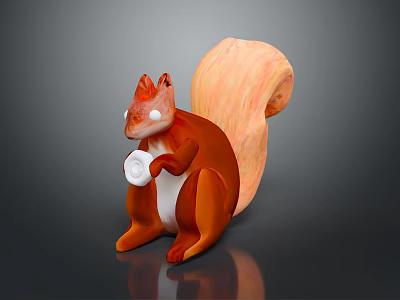 Cute Orange White Squirrel Game Movie Character Holding White Cup Sitting On Dark Background 3d model