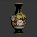 Decorative Dark Green Vase With Golden Rim And Colorful Floral Patterns
