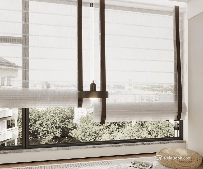 Modern Window Blinds Enhancing Interior Design With Green Trees Outdoor View 3d model
