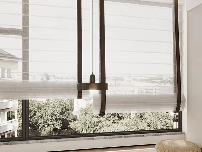 Modern Window Blinds Enhancing Interior Design With Green Trees Outdoor View 3d model