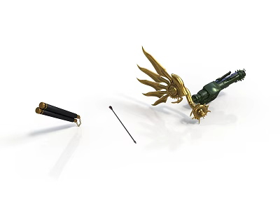 Green Decorative Statue With Golden Wings Black Pen And Metal Pin 3d model