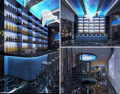 Modern Luxury Bar Interior With Starry Ceiling Bar Counter Wine Racks And Seats 3d model