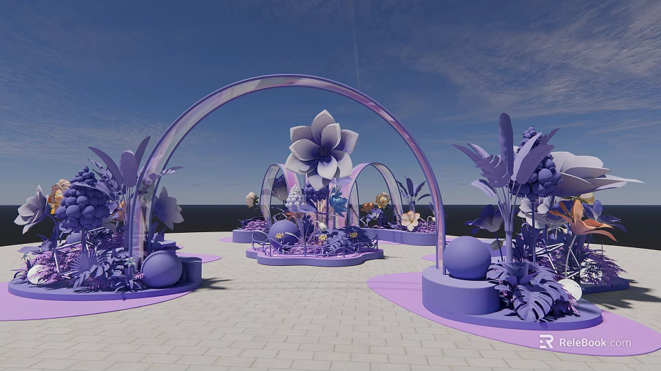 Purple Photo Check In Spot With Arch Flower Decor And Plants Under Blue Sky 3d model 