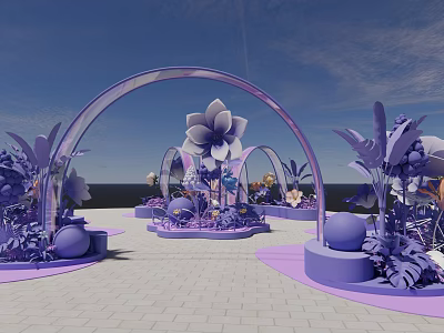 Purple Photo Check In Spot With Arch Flower Decor And Plants Under Blue Sky 3d model