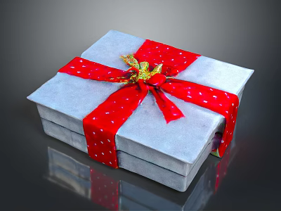 Elegant Gray Gift Box With Red Polka Dot Ribbon And Gold Decorative Flower 3d model