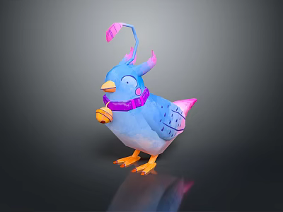 Cute Blue Bird With Pink Horns Purple Collar Bell Pink Wings And Orange Feet 3d model