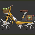 A Yellow Bicycle With Front Basket Green Trim Red Seat And Orange Bag
