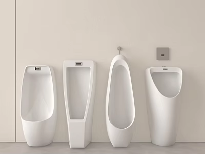 Four Modern White Urinals With Sleek Designs In Minimalist Bathroom Setting 3d model