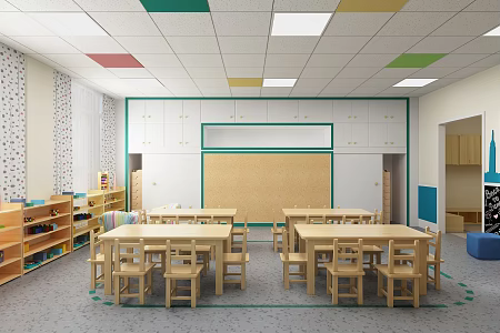 Kindergarten Classroom School Training Children's Tables and Chairs Early Education Toy Cabinet TV Wall Teaching 3d model