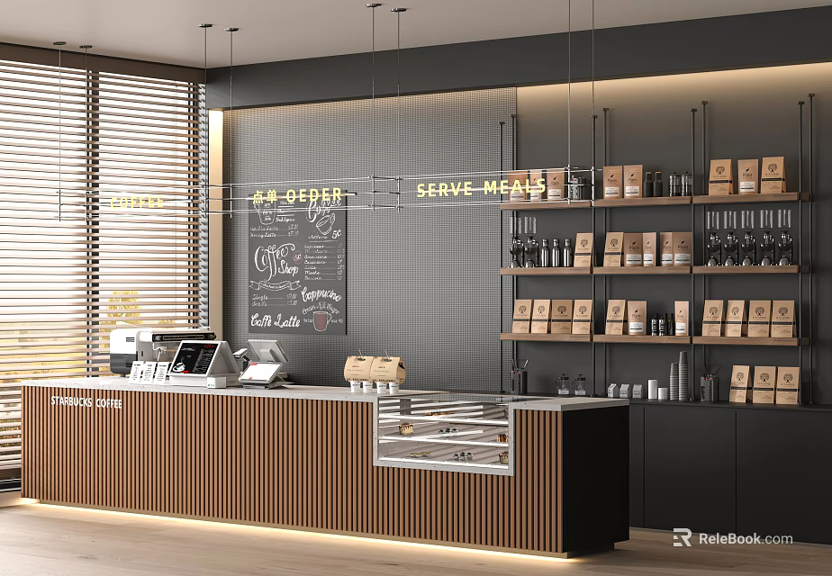 Modern Café Interior With Wooden Counter Blackboard Menu Pendant Lights Wooden Shutters And Bottled Drinks 3d model 