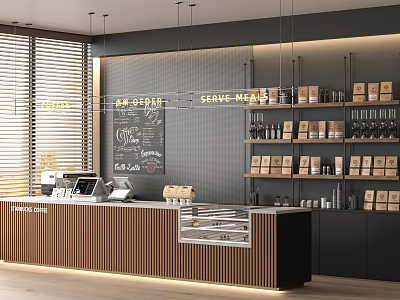 Modern Café Interior With Wooden Counter Blackboard Menu Pendant Lights Wooden Shutters And Bottled Drinks 3d model