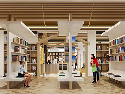Artistic Library Interior Design With Bookshelves Seating And Wooden Ceiling 3d model