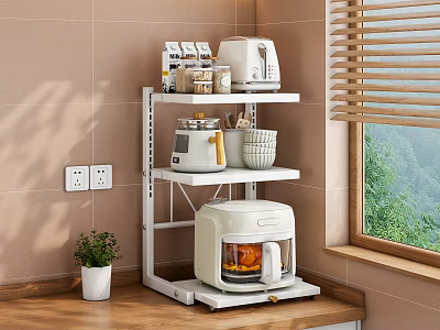 White Multi Tier Shelf Holding Kitchenware Coffee Maker Toaster Jars In Kitchen Corner On Wooden Countertop 3d model