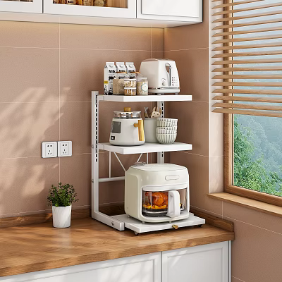 White Multi Tier Shelf Holding Kitchenware Coffee Maker Toaster Jars In Kitchen Corner On Wooden Countertop 3d model