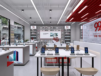 Spacious Bright Modern Smartphone And Digital Electronics Specialty Store Interior Design With Product Display Counters 3d model