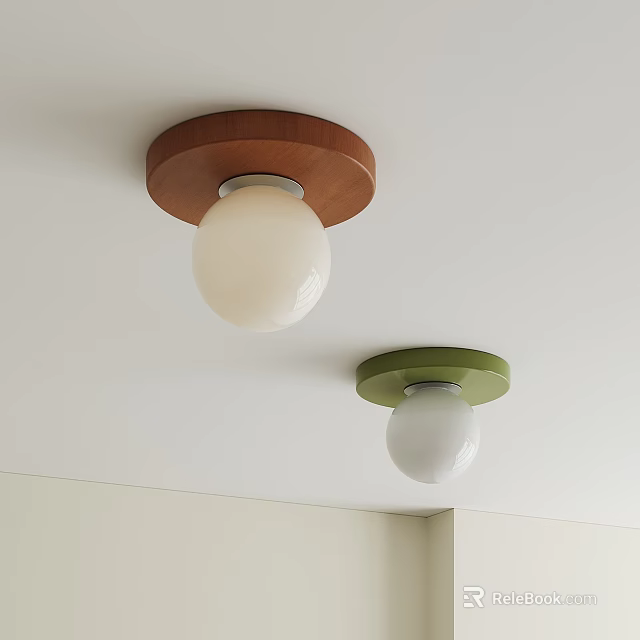 Two Ceiling Lights With Brown And Green Bases And White Globe Shades On White Ceiling 3d model 