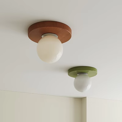 Two Ceiling Lights With Brown And Green Bases And White Globe Shades On White Ceiling 3d model