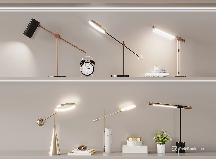 Modern Minimalist Table Lamps With Metal Bases Alarm Clock And Potted Plant 3d model 