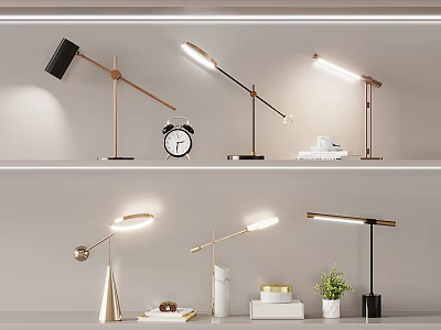 Modern Minimalist Table Lamps With Metal Bases Alarm Clock And Potted Plant 3d model