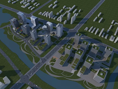 Aerial Planning of Modern Urban Area With High Rise Buildings Green Spaces and River 3d model