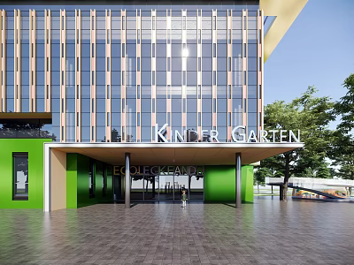 Modern Kindergarten Building Featuring Glass Windows Green Entrance Front Sign And Trees Around 3d model