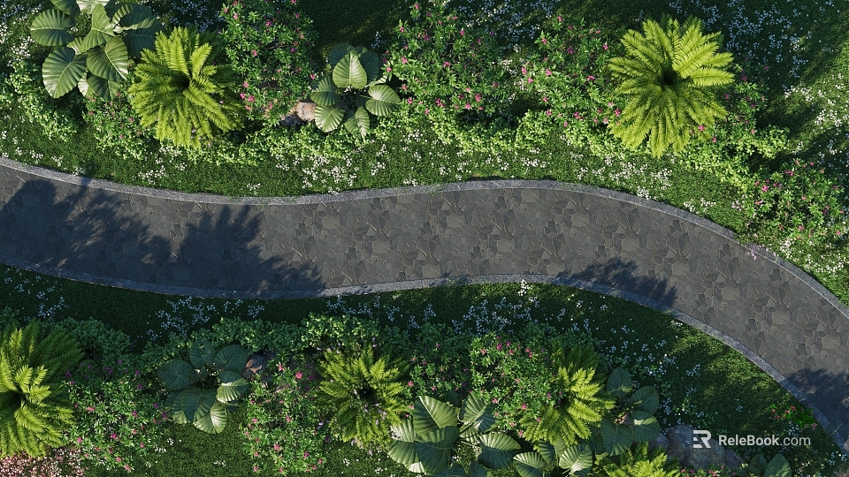 Scenic Garden Stone Path Surrounded By Various Flowers And Green Foliage 3d model 