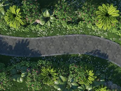 Scenic Garden Stone Path Surrounded By Various Flowers And Green Foliage 3d model