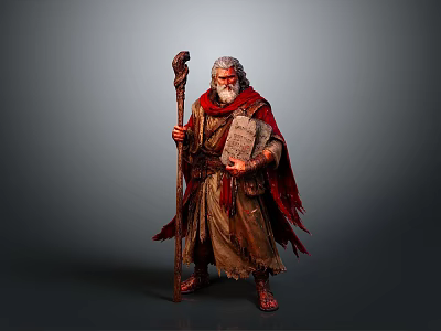 Elderly Man Holding Staff And Stone Tablet Wearing Robe With Red Cloak 3d model