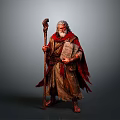 Elderly Man Holding Staff And Stone Tablet Wearing Robe With Red Cloak