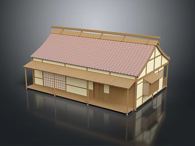 Traditional Japanese Wooden Building Featuring Red Tiled Roof And Lattice Windows 3d model