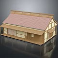 Traditional Japanese Wooden Building Featuring Red Tiled Roof And Lattice Windows