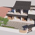 Two Story Homestay Building Featuring Black Tiled Roof Balcony And Wooden Gate