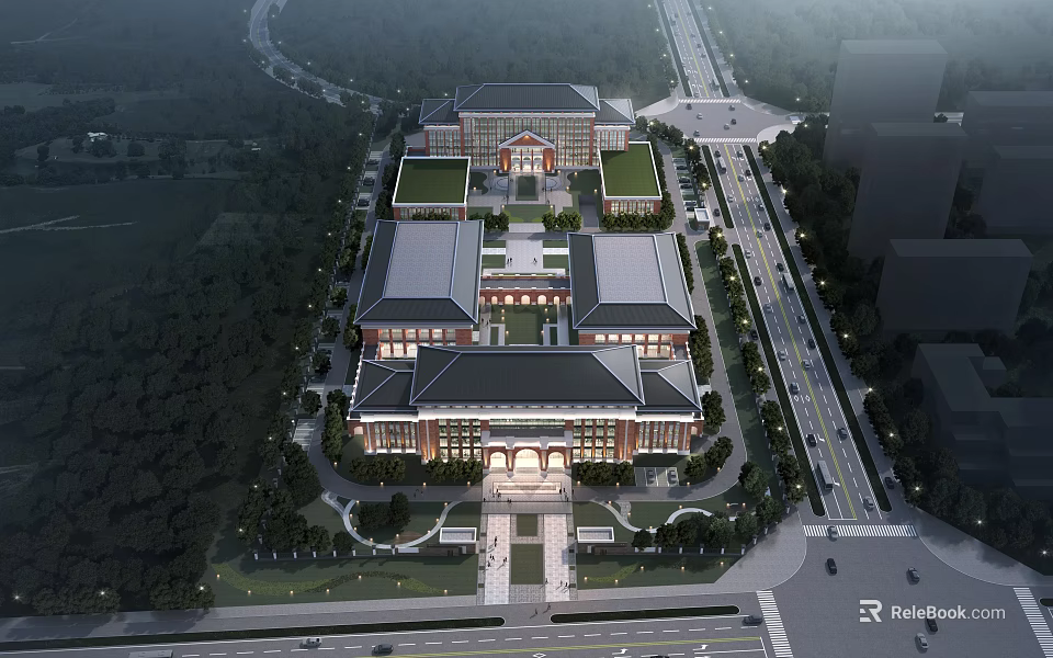 Traditional Style School Building With Symmetrical Design Surrounded by Green Lawns and Entrance Plaza 3d model 