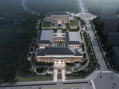 Traditional Style School Building With Symmetrical Design Surrounded by Green Lawns and Entrance Plaza 3d model
