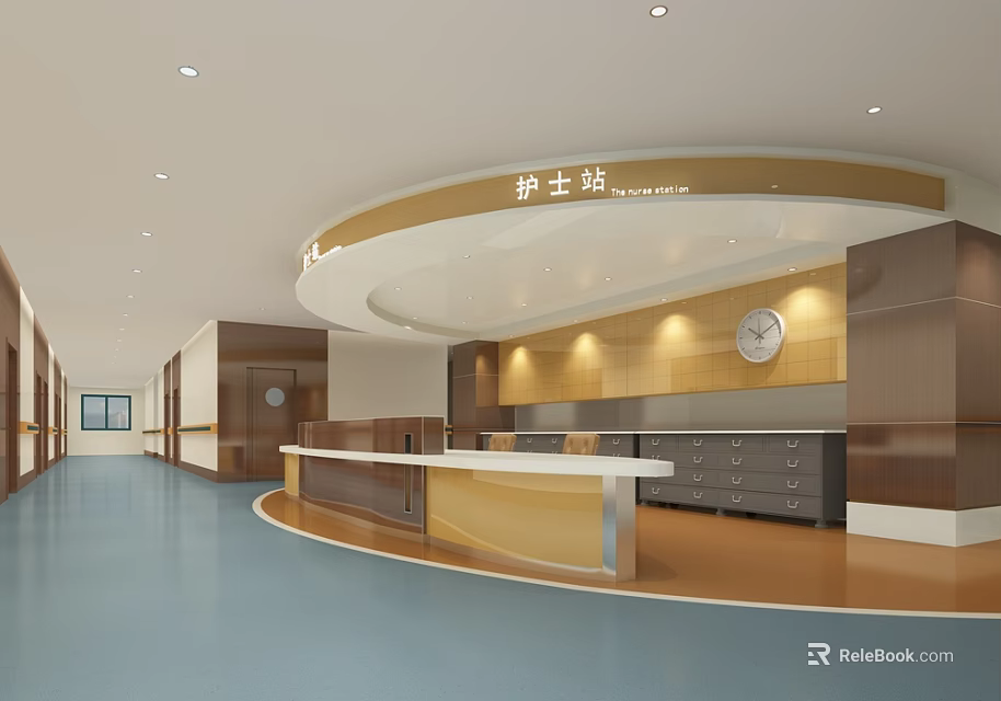 Hospital Outpatient Nurse Station Interior Design With Counter Clock Cabinets And Bright Lighting 3d model 