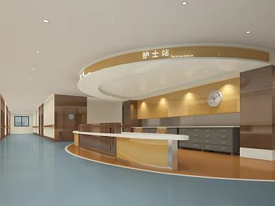 Hospital Outpatient Nurse Station Interior Design With Counter Clock Cabinets And Bright Lighting 3d model