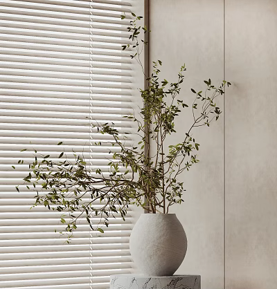 Bonsai Plant in White Vase with Green Branches and Leaves Indoor by Blinds 3d model