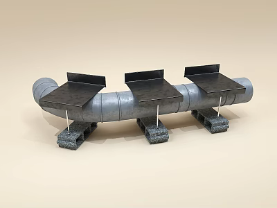 Creative Public Chair Made From Gray Pipe With Three Black Seats And Concrete Bases 3d model