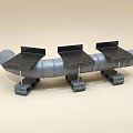 Creative Public Chair Made From Gray Pipe With Three Black Seats And Concrete Bases