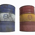 Industrial Equipment Drums With Blue Red White Yellow Stripes And Mobil Logo