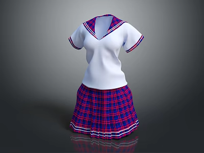 White Short Sleeve Sailor Top With Red Blue Plaid Pleated Skirt Outfit 3d model