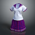 White Short Sleeve Sailor Top With Red Blue Plaid Pleated Skirt Outfit