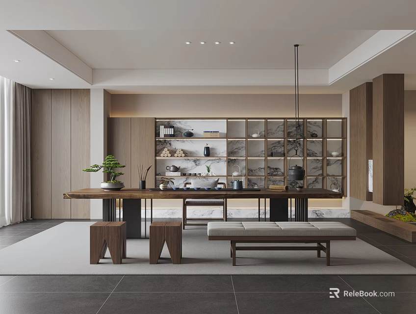 Modern Tea Room With Long Table Stools Display Shelves And Potted Plants 3d model
