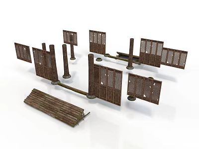 Traditional Wooden Building Components With Fence Panels Posts And Beams For Rustic Structures 3d model